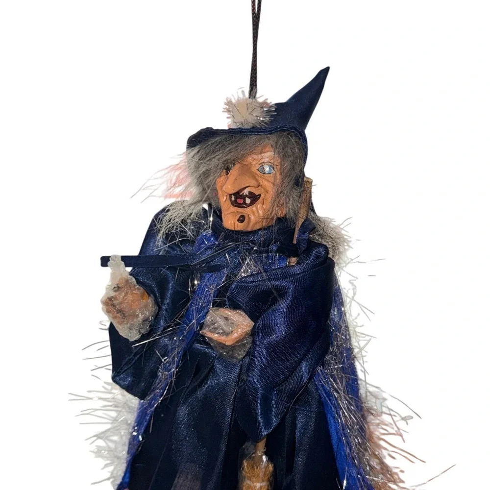 Gothic Halloween Decor Hanging Witch Blue Satin Dress Broom 12.5